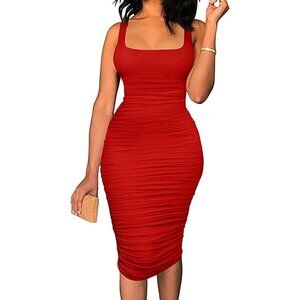 🆕Women's Red Polyester Sexy Bodycon Tank Top Dress Sleeveless Backless Midi